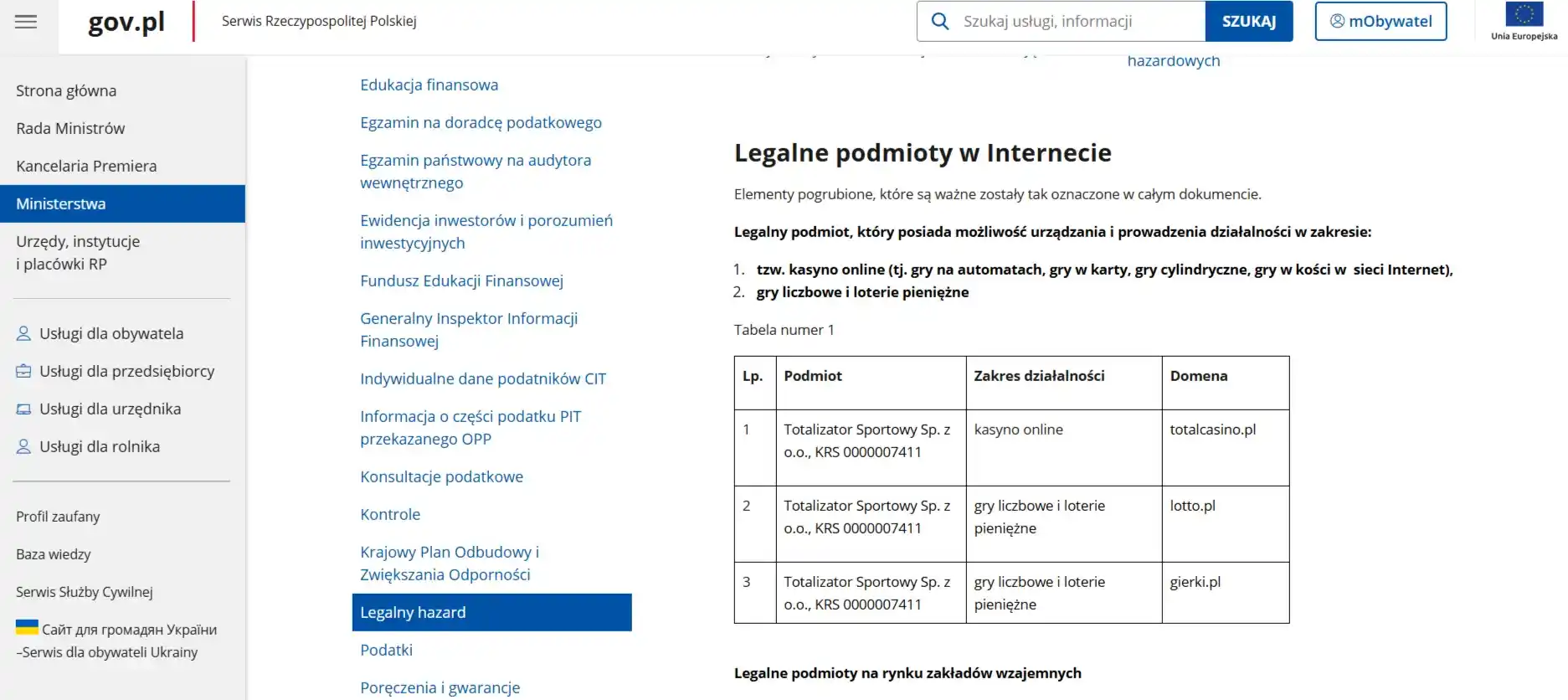 Oficjalna strona Ministerstwa Finansów z listą legalnych podmiotów online